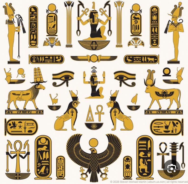 Decorative Egyptian-themed graphic with stylized deities, animals, winged symbols, ankhs, eyes, and hieroglyph-like motifs.