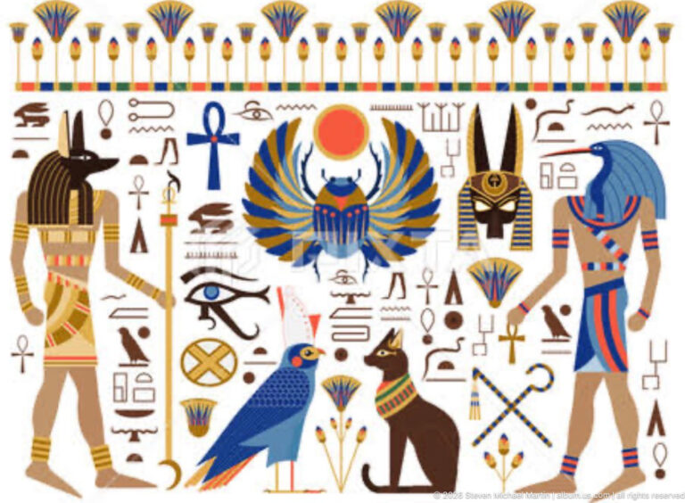 Color Egyptian-themed illustration with deities, winged scarab, sun disk, animals, ankhs, eyes, and hieroglyph-like signs.