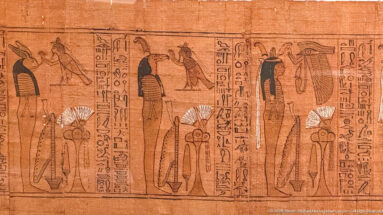 Ancient Egyptian funerary papyrus with vertical hieroglyphs and repeated standing deity figures in painted registers.