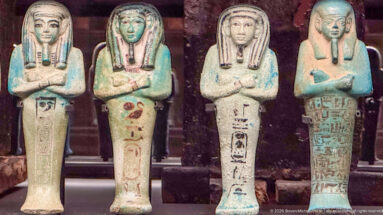Four glazed shabti figures in pale and turquoise tones with crossed arms, wigs, and vertical inscriptions.