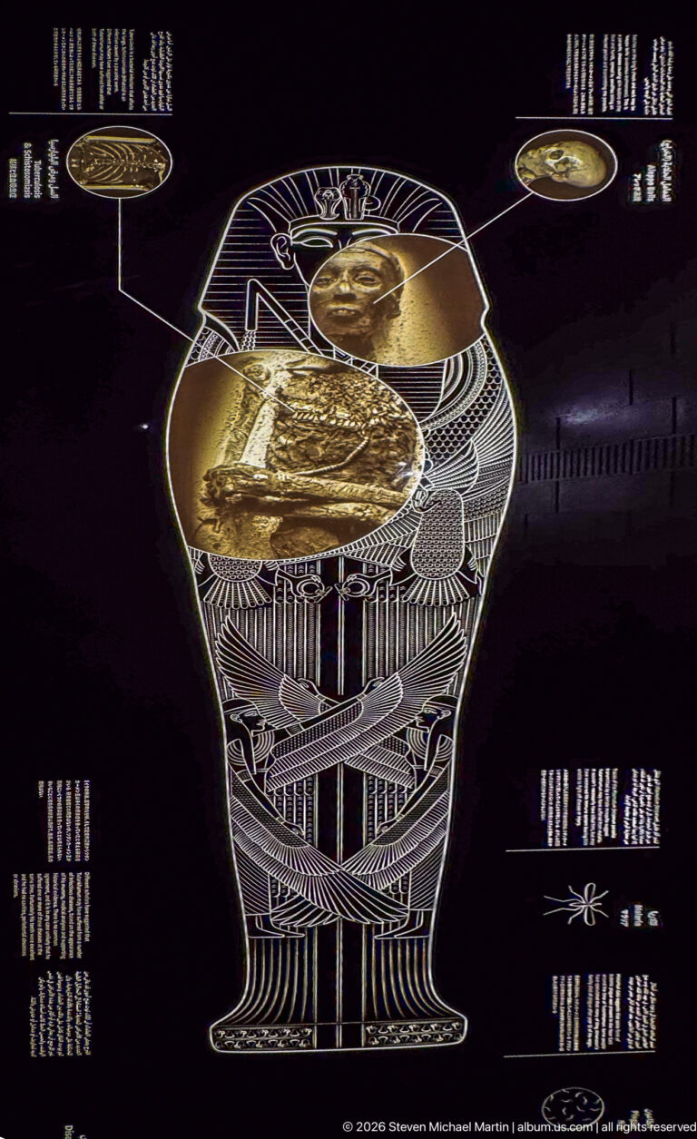 Digital museum screen with line drawing of an anthropoid coffin, enlarged detail images, and explanatory callouts.