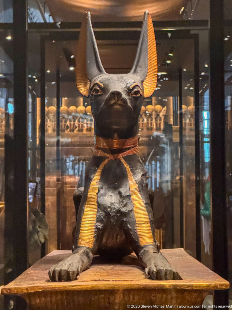 Frontal view of black jackal-form Anubis with gold collar reclining on Tutankhamun’s gilded carrying chest.