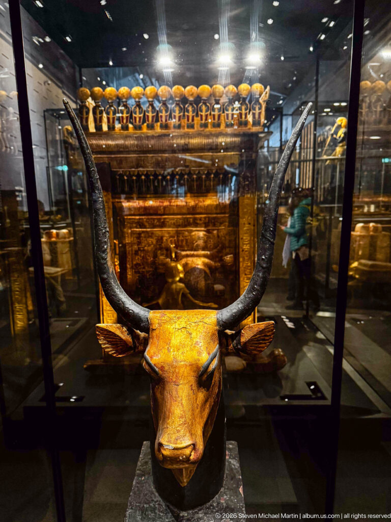 Front view of a funerary couch with a gilded bovine head and very large curved horns.