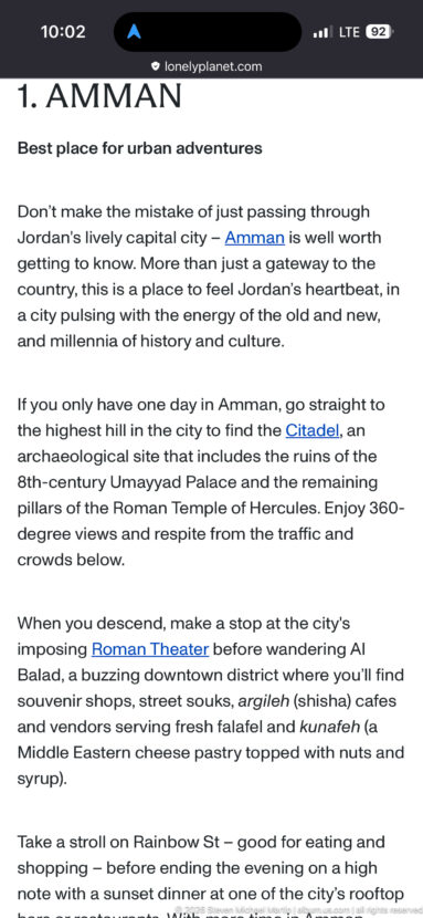 Opening Amman portfolio page with introductory travel text and references to major city sights.