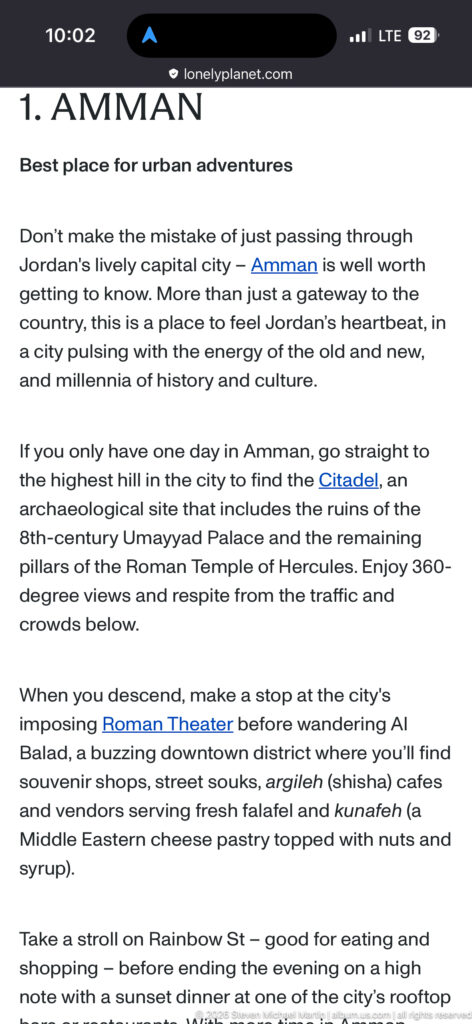 Opening Amman portfolio page with introductory travel text and references to major city sights.