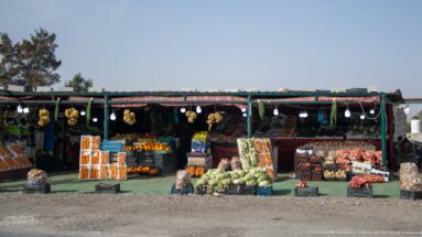 Open roadside produce stand with stacked watermelons, melons, oranges, and other fruits beneath a shaded canopy.