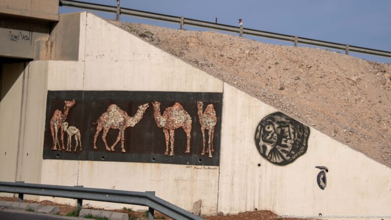 Concrete highway wall with a mosaic-style panel of camels, circular emblem, and smaller painted symbols.