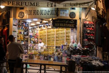Bright music shop with rows of ouds displayed behind the counter and bilingual signage above the entrance.