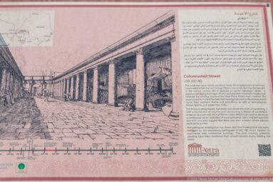 Interpretive reconstruction of Petra’s Colonnaded Street as a paved avenue lined by continuous rows of columns.