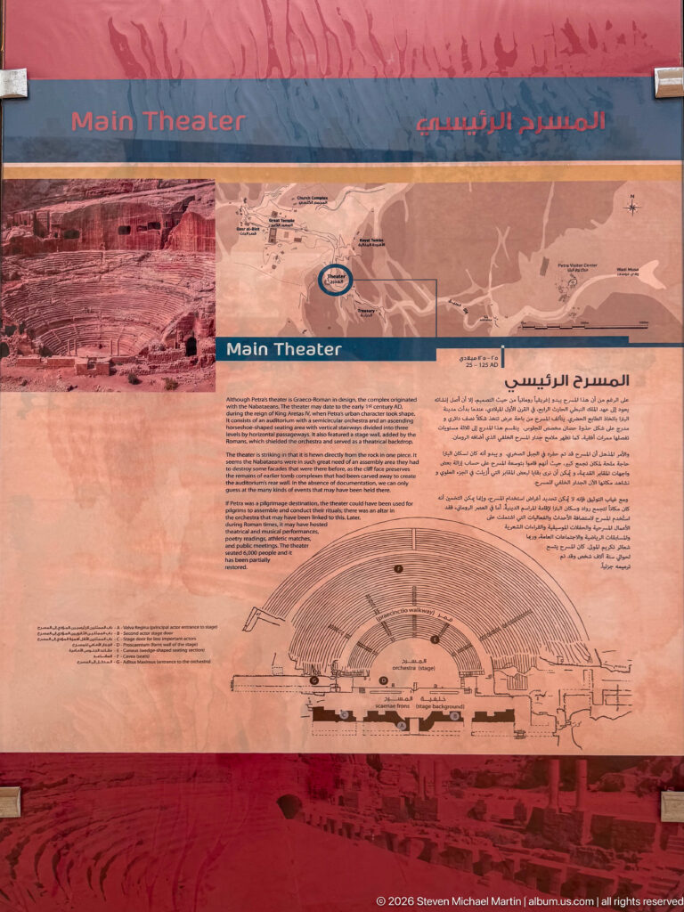 Main Theater interpretive panel with site photograph, map, bilingual text, and semicircular theater plan.