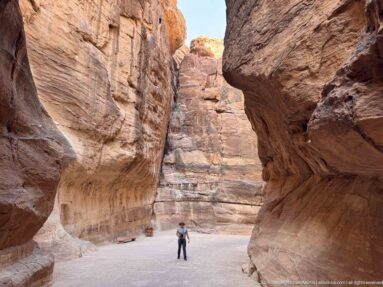 Single visitor stands below massive curving sandstone walls in a broad section of Petra’s Siq.