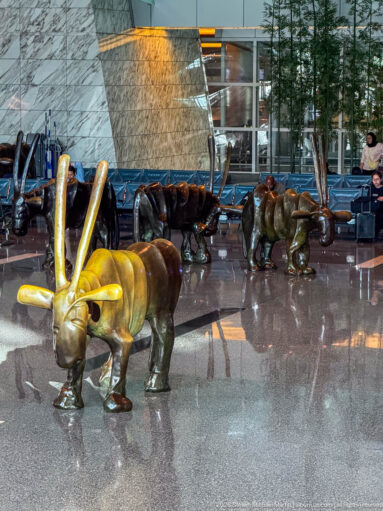 Tom Claassen’s stylized Arabian oryx sculptures from 8 Oryxes in the arrivals hall of Hamad International Airport.