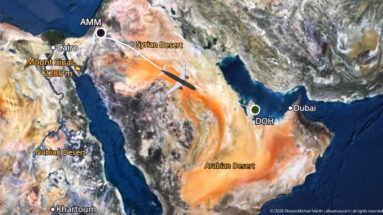 In-flight map showing an aircraft over the Arabian Peninsula approaching Doha, with Cairo, Dubai, Khartoum, and Mount Sinai labeled.