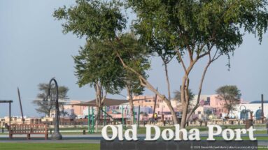 Large white Old Doha Port sign in a landscaped park with trees and pastel waterfront buildings behind.