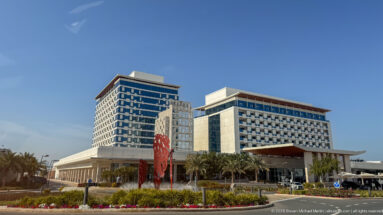 Two modern hotel towers with palm landscaping, a circular drive, and a tall red sculpture under a clear blue sky.