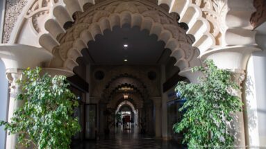 Long ornate corridor of repeating scalloped arches and carved columns with potted trees at the entrance.