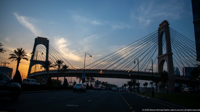 Cable-supported pedestrian bridge with two tall pylons crossing a palm-lined Doha boulevard at sunset.