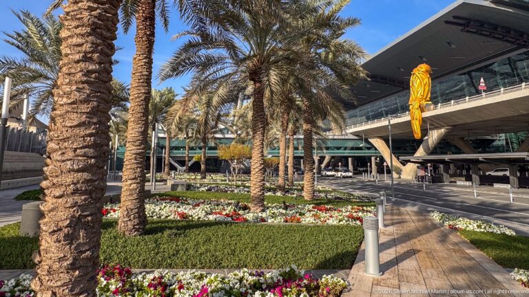 Palm trees and flower beds beside the glass-and-steel exterior of Hamad International Airport.