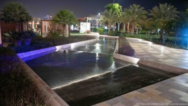 Narrow reflecting pool borders a paved garden path lined with palms and low landscaping at night.