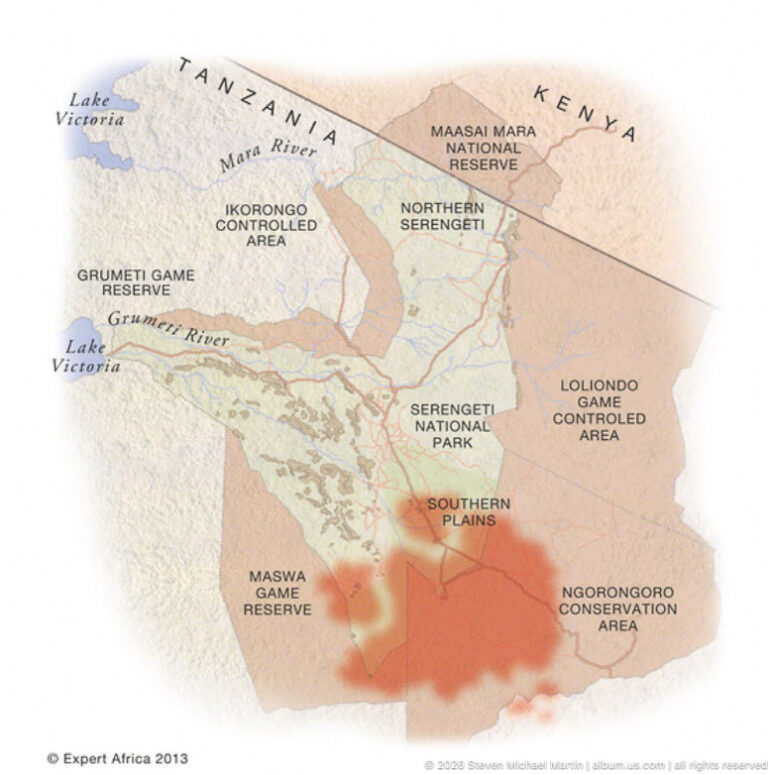 Regional map of the Serengeti–Maasai Mara ecosystem with the southern plains highlighted in red-orange.