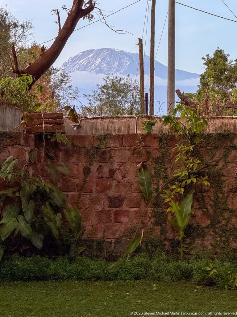 Mount Kilimanjaro rising beyond a masonry wall, garden plants and utility poles in hazy light.