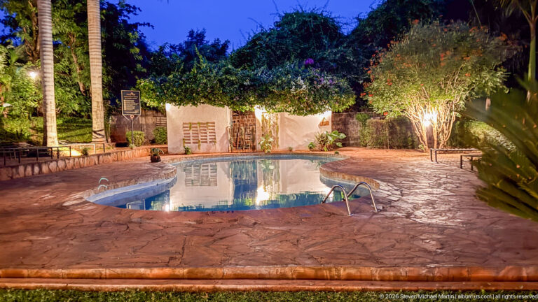 Small illuminated swimming pool with stone paving, ladder, benches and dense garden vegetation at night.