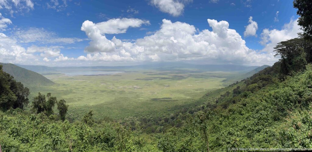 Wide view across Ngorongoro Crater from a green forested rim beneath large white clouds.