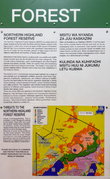 Interpretive panel about the Northern Highland Forest Reserve with blocks of text and a colorful geological map.