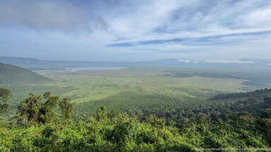 Forested crater rim overlooking a vast green basin and distant lake beneath sweeping white clouds.