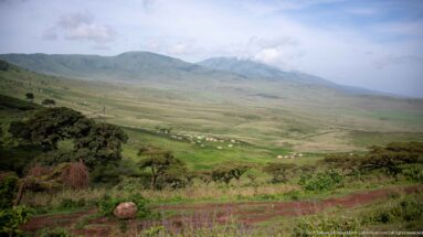 Wide Ngorongoro highland valley with wooded foreground, distant thatched huts, green mountain slopes, and broken cloud.