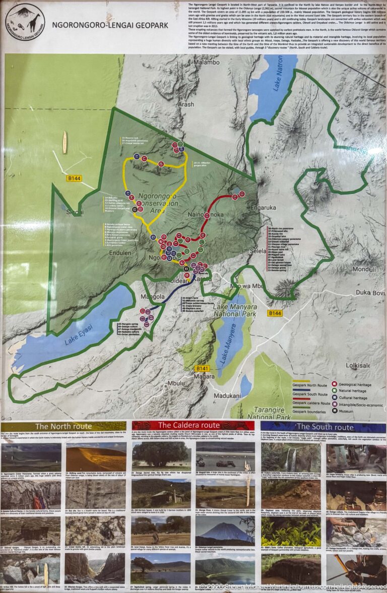 Large shaded-relief map of the Ngorongoro region with colored routes, lakes, boundaries, and rows of small landscape photographs.