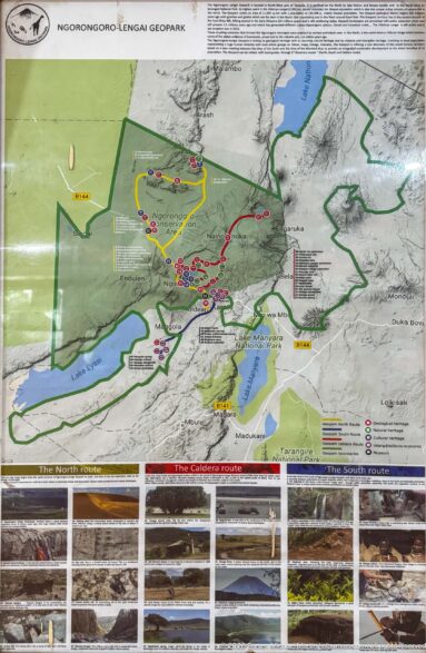 Large shaded-relief map of the Ngorongoro region with colored routes, lakes, boundaries, and rows of small landscape photographs.