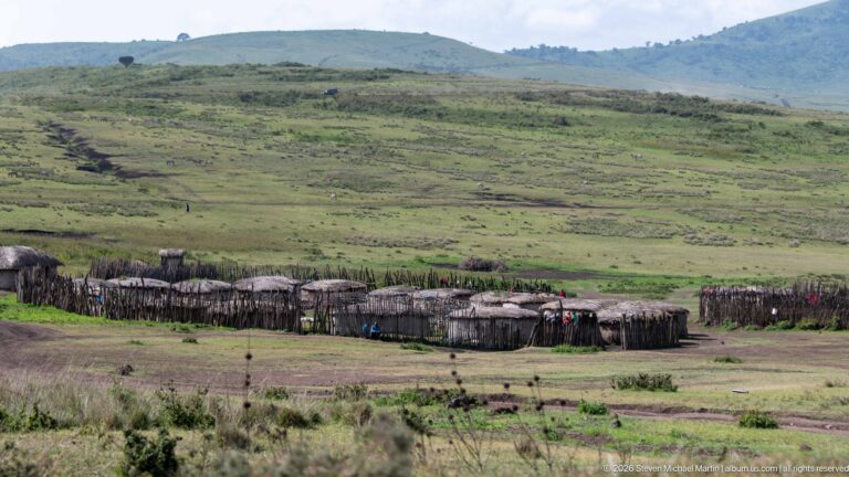 Cluster of low thatched huts inside a circular stick fence on broad green highland grassland.