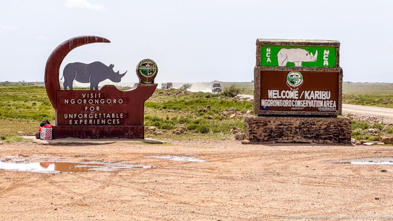 Two Ngorongoro Conservation Area welcome monuments beside a dirt road, including rhinoceros graphics and bilingual welcome lettering.