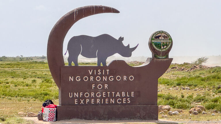 Brown Ngorongoro visitor sign with rhinoceros silhouette, conservation emblem, and “Visit Ngorongoro for unforgettable experiences” lettering.