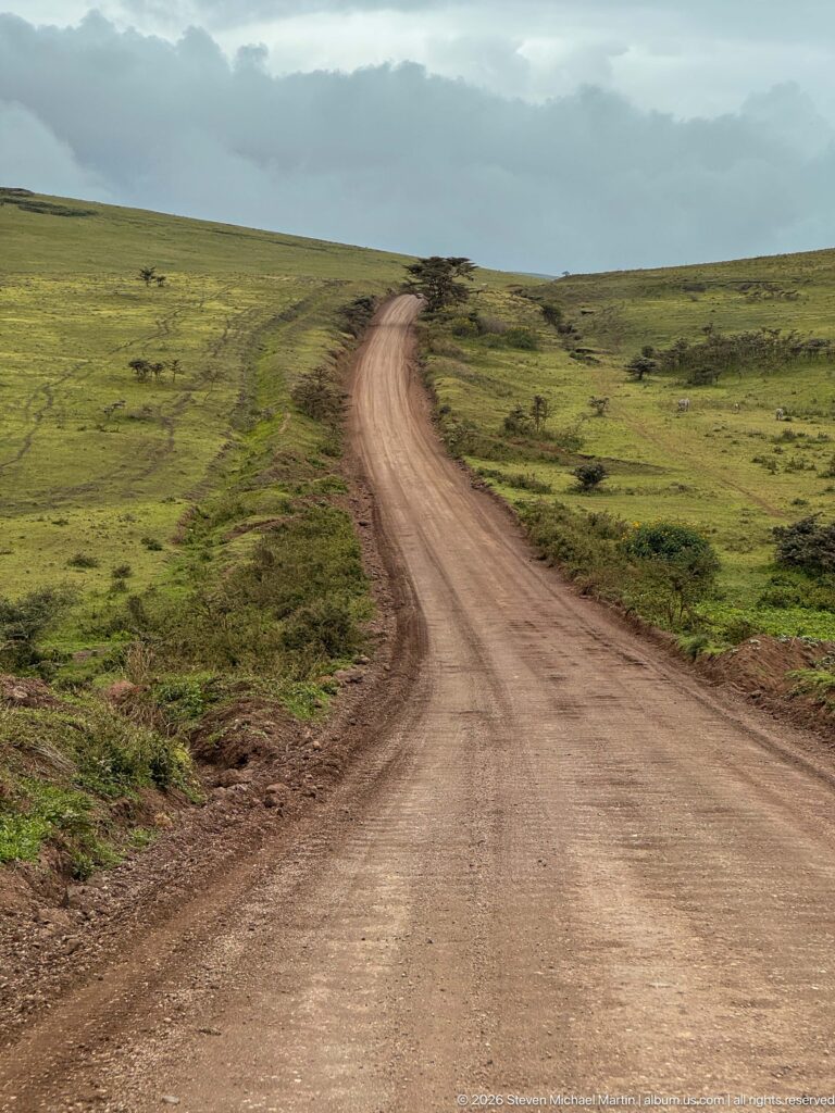 Wide graded dirt road curving through open green Ngorongoro uplands toward a low ridge under dark clouds.
