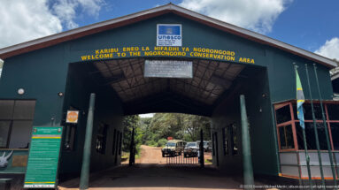 Front view of Ngorongoro Conservation Area gateway with UNESCO emblem, welcome lettering, flags, signs, and safari vehicles beyond.