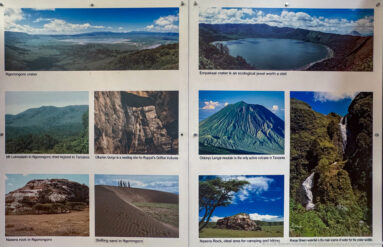 Grid of captioned landscape photographs showing Ngorongoro crater views, volcanic peaks, forest, waterfalls, shifting sand, and rock formations.
