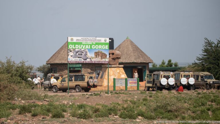 Olduvai Gorge entrance area with large sign, parked safari vehicles, visitors, conical roofs, and skull monument.