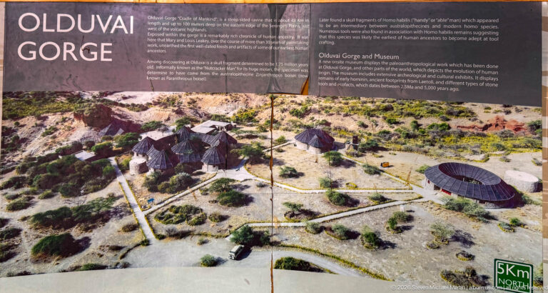 Interpretive panel with aerial view of Olduvai Gorge Museum buildings, paths, landscaping, and surrounding eroded terrain.