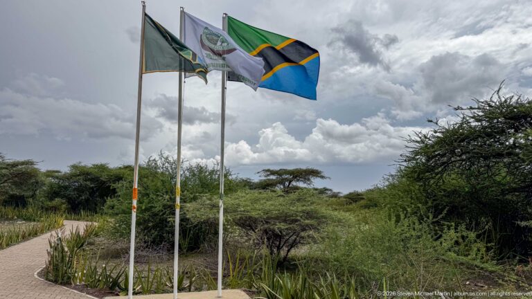 Three flags, including Tanzania’s national flag, flying beside a path under a cloudy sky and green scrub.