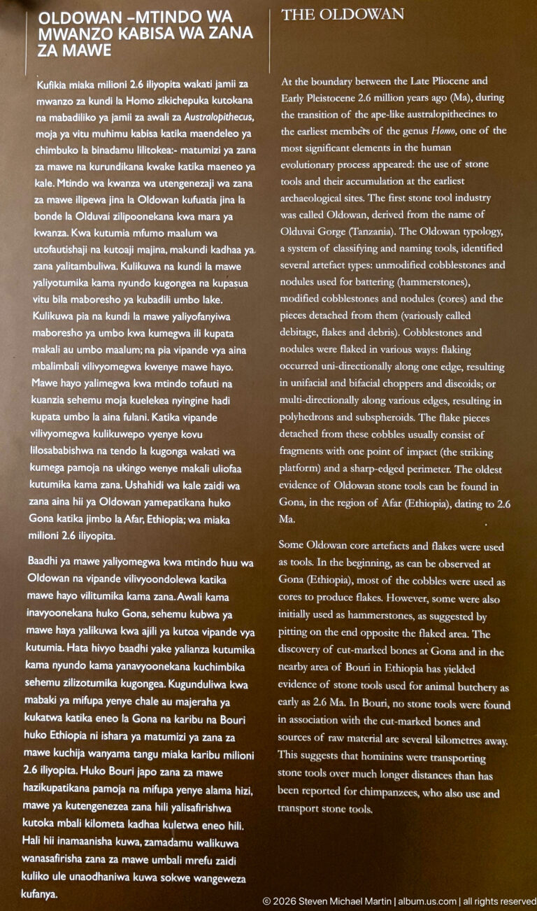 Bilingual museum panel titled “The Oldowan” describing early stone tools and their archaeological context.