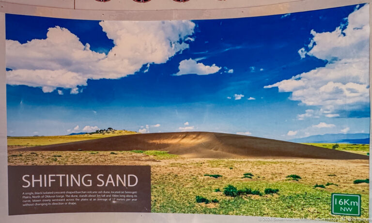 Interpretive panel titled “Shifting Sand” with a dark crescent-shaped dune beneath a bright blue sky.