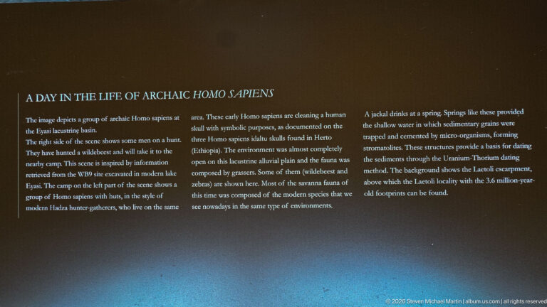 Dark museum panel titled A Day in the Life of Archaic Homo sapiens with a short multi-column narrative.