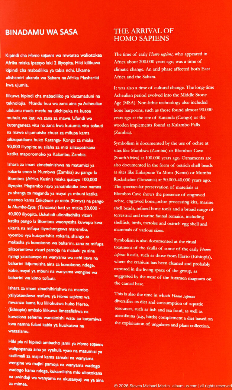 Red bilingual interpretive panel titled The Arrival of Homo sapiens with multiple columns of explanatory text.