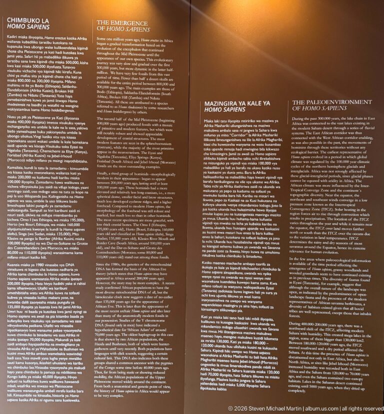 Large bilingual text panel with several columns, including a clearly visible section titled The Paleoenvironment.