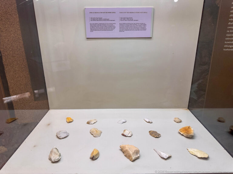 Rows of small chipped-stone flakes and worked pieces arranged on a white museum plinth beneath an interpretive label.