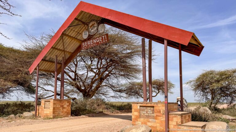 Red-roofed Serengeti National Park entrance structure over a dirt road, supported by tall posts and brick-and-stone bases.