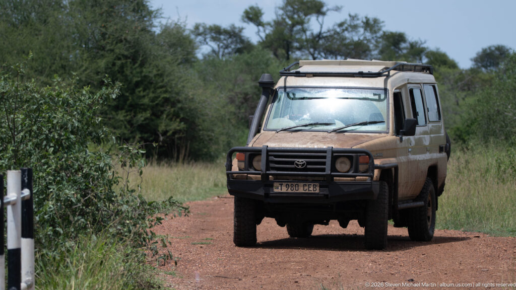 Dusty Toyota Land Cruiser driving toward the camera on a red dirt road bordered by dense green bush.