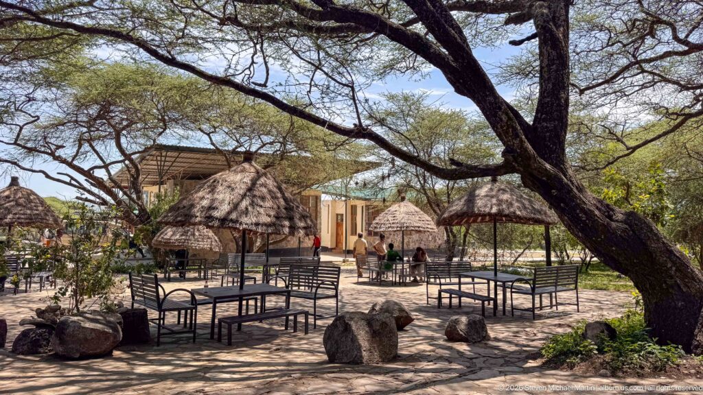 Outdoor lodge seating with metal tables, thatched shelters, trees, and natural rocks on a shaded terrace.